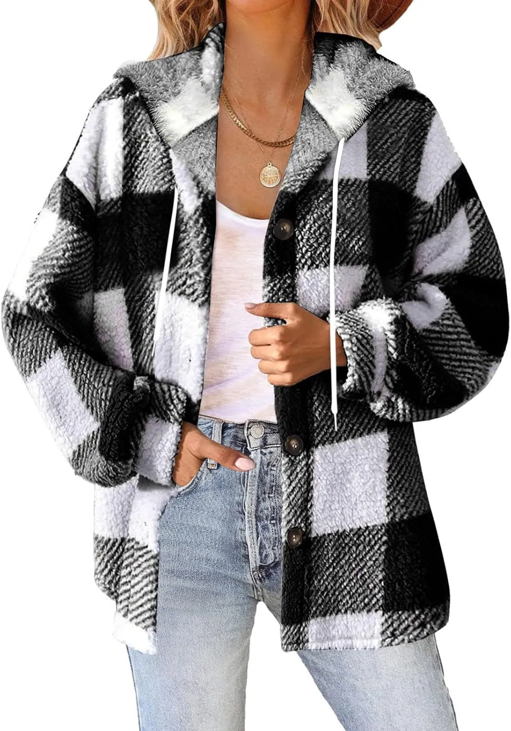 Sherpa Shacket Jackets for Women Winter Long Sleeve Button Hoodies Oversized Fuzzy Fleece Plaid Coat Outdoor Outerwear