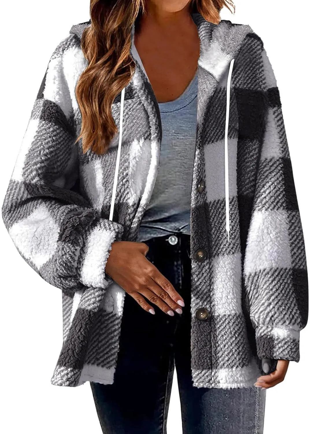 Sherpa Shacket Jackets for Women Winter Long Sleeve Button Hoodies Oversized Fuzzy Fleece Plaid Coat Outdoor Outerwear