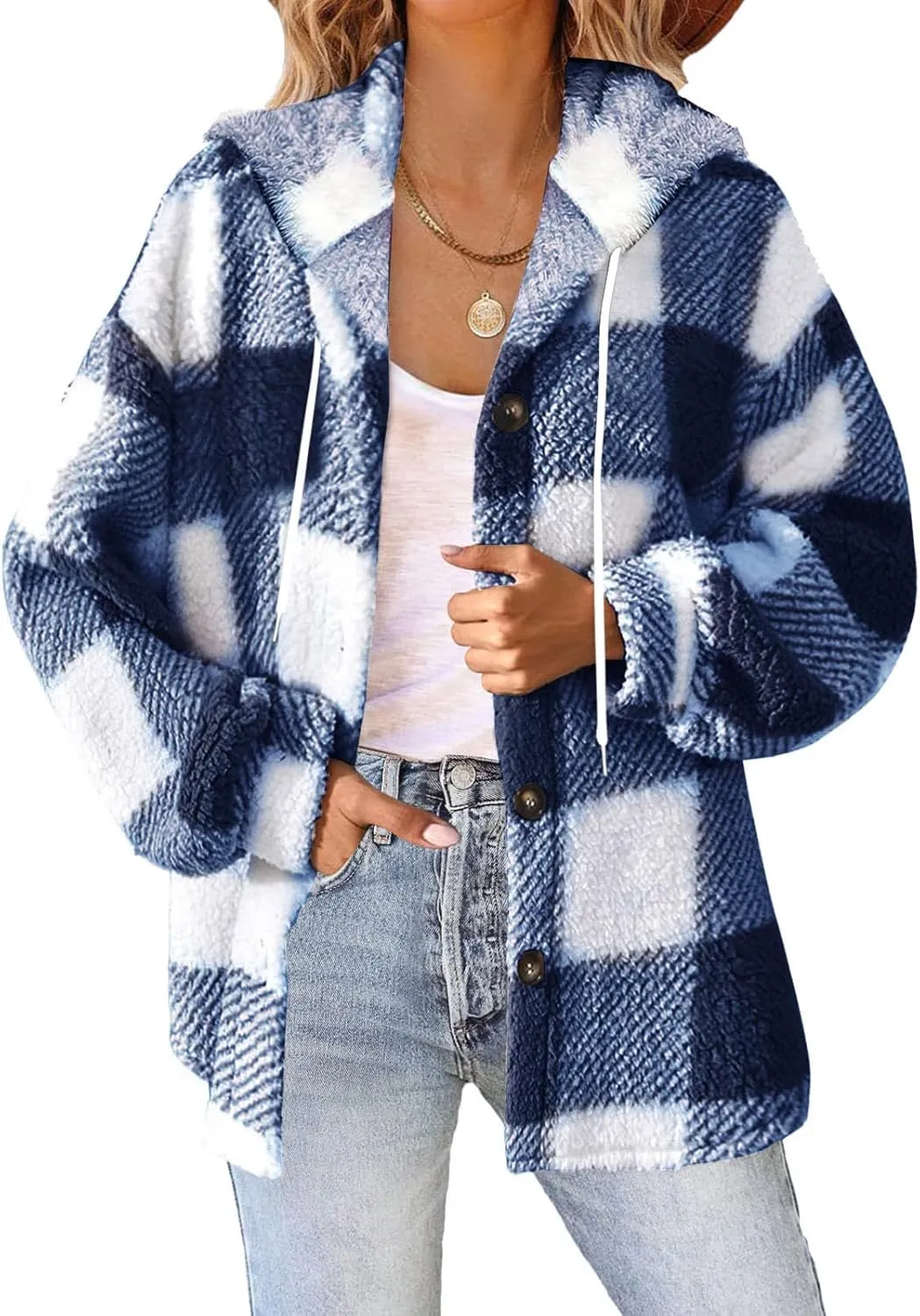 Sherpa Shacket Jackets for Women Winter Long Sleeve Button Hoodies Oversized Fuzzy Fleece Plaid Coat Outdoor Outerwear