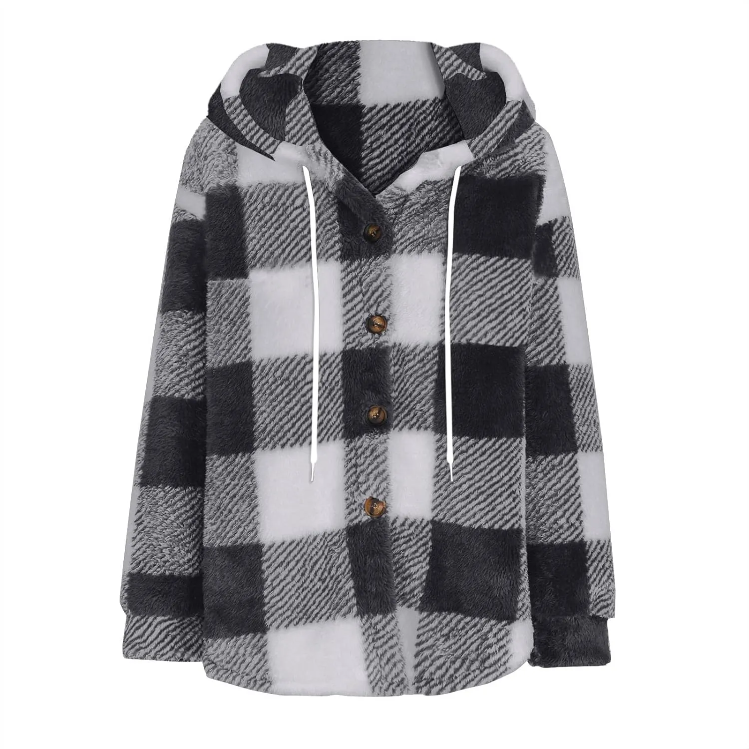 Sherpa Shacket Jackets for Women Winter Long Sleeve Button Hoodies Oversized Fuzzy Fleece Plaid Coat Outdoor Outerwear