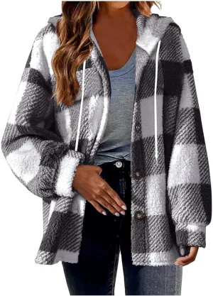 Sherpa Shacket Jackets for Women Winter Long Sleeve Button Hoodies Oversized Fuzzy Fleece Plaid Coat Outdoor Outerwear