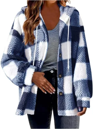 Sherpa Shacket Jackets for Women Winter Long Sleeve Button Hoodies Oversized Fuzzy Fleece Plaid Coat Outdoor Outerwear