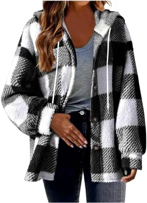 Sherpa Shacket Jackets for Women Winter Long Sleeve Button Hoodies Oversized Fuzzy Fleece Plaid Coat Outdoor Outerwear