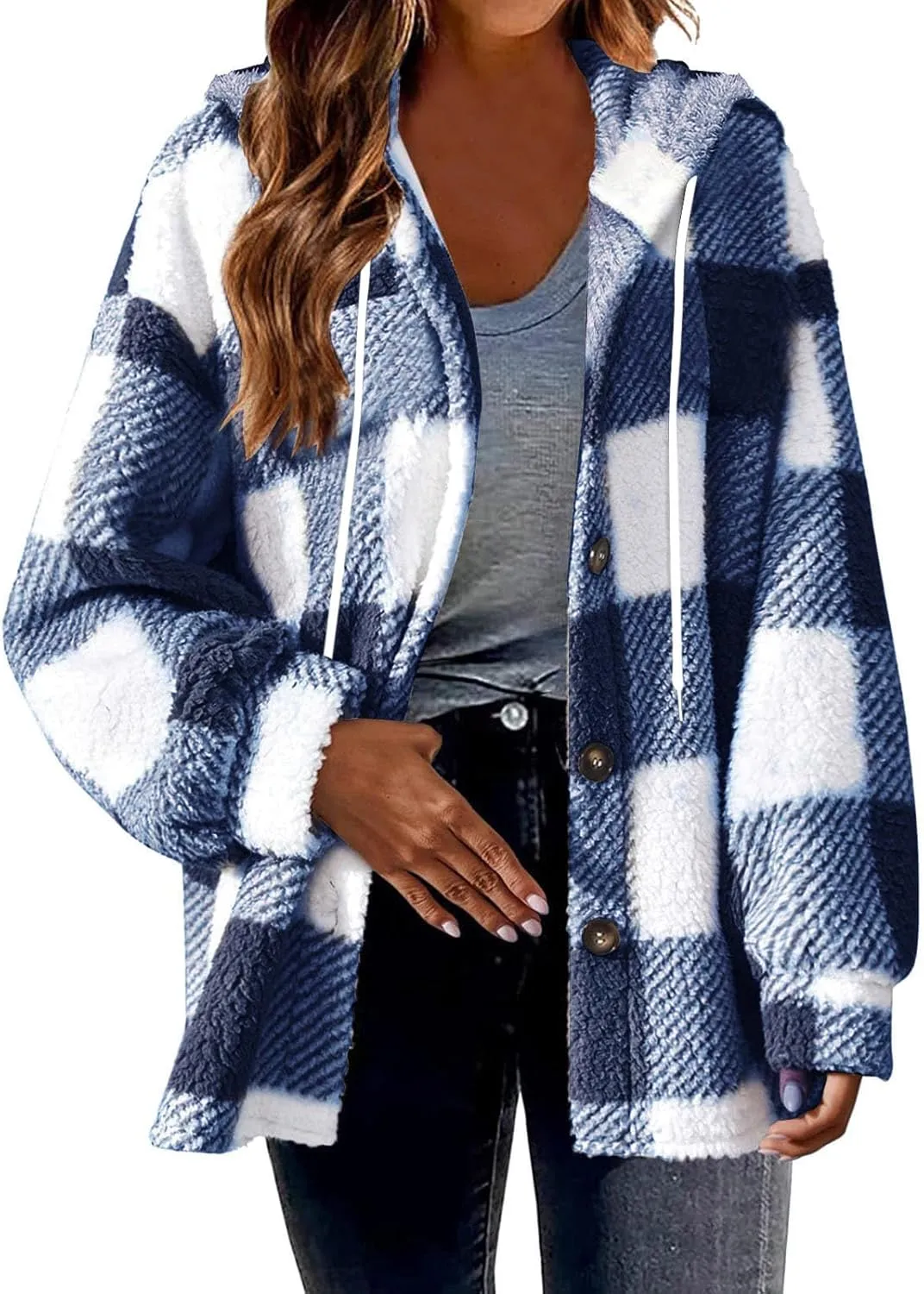 Sherpa Shacket Jackets for Women Winter Long Sleeve Button Hoodies Oversized Fuzzy Fleece Plaid Coat Outdoor Outerwear