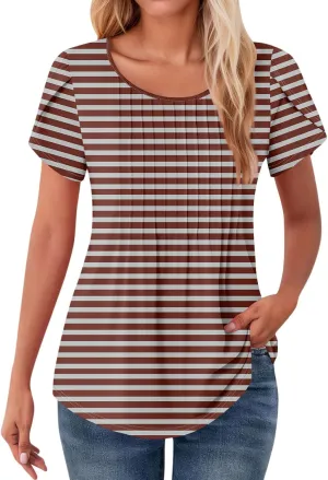 Shirts for Women Summer Short Sleeve Tops Dressy Casual Pleated Round Neck Blouses Dressy Spring Cute Striped Clothes