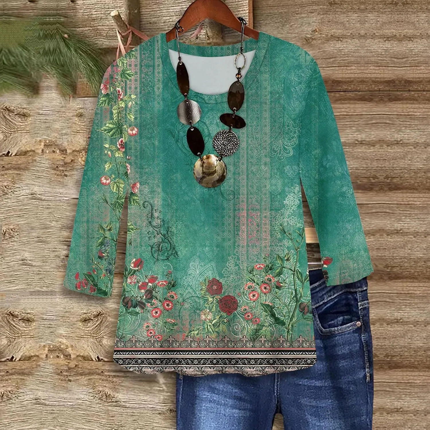 Shirts for Women Trendy 3/4 Length Sleeve Summer Crewneck Tops Plus Size Floral Print 1/2 Sleeve Drassy Casual Blouses
