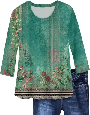 Shirts for Women Trendy 3/4 Length Sleeve Summer Crewneck Tops Plus Size Floral Print 1/2 Sleeve Drassy Casual Blouses
