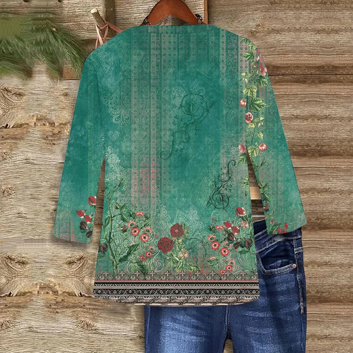 Shirts for Women Trendy 3/4 Length Sleeve Summer Crewneck Tops Plus Size Floral Print 1/2 Sleeve Drassy Casual Blouses