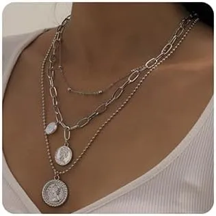 Silver Medallion Coin Pendant Ball Beads Choker Necklace for Women Coin Charm Necklaces (Silver)