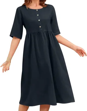 Sinzelimin Linen Dresses for Womens Plus Size Short Sleeves Button up Crewneck Midi Dress Solid Color Cotton Linen Sundress