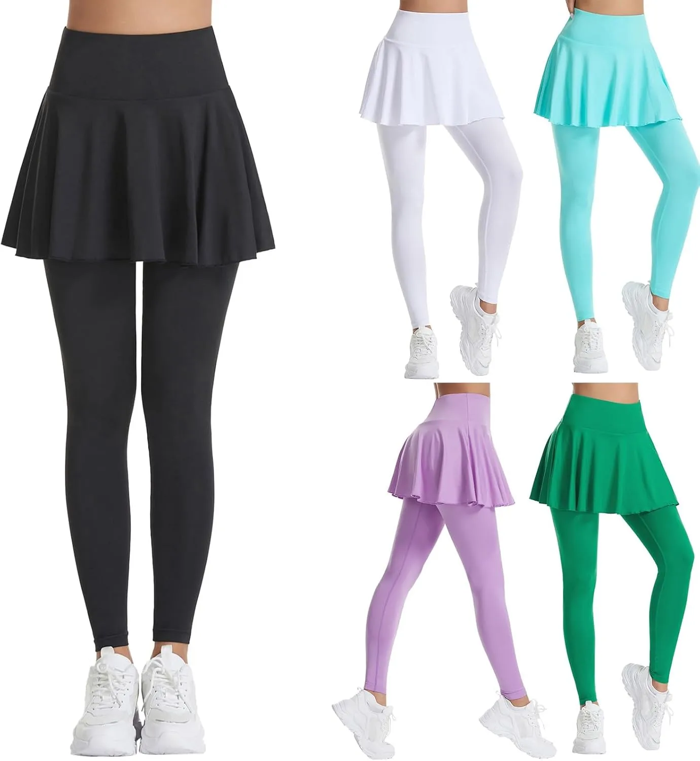 Skirted Pleated Leggings for Women Tennis Tummy Control Leggings with Mini Skirts Athletic Workout Golf Skort