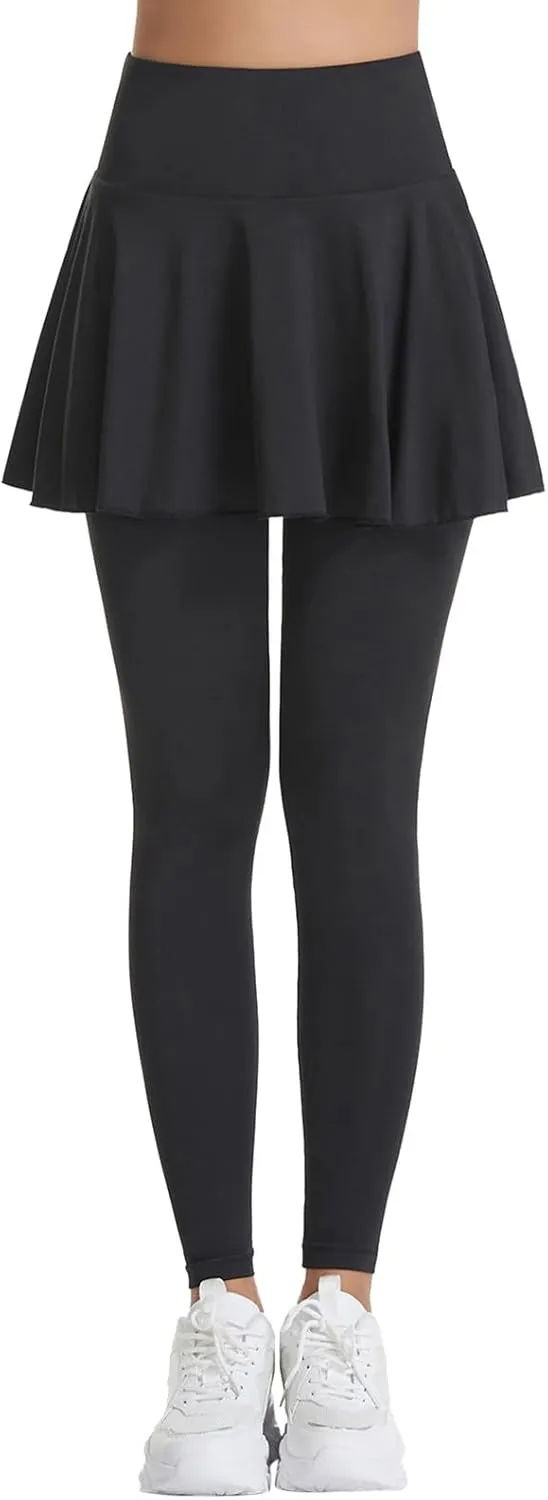 Skirted Pleated Leggings for Women Tennis Tummy Control Leggings with Mini Skirts Athletic Workout Golf Skort