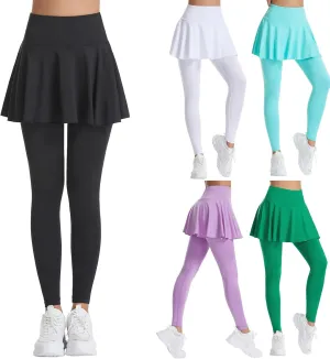 Skirted Pleated Leggings for Women Tennis Tummy Control Leggings with Mini Skirts Athletic Workout Golf Skort