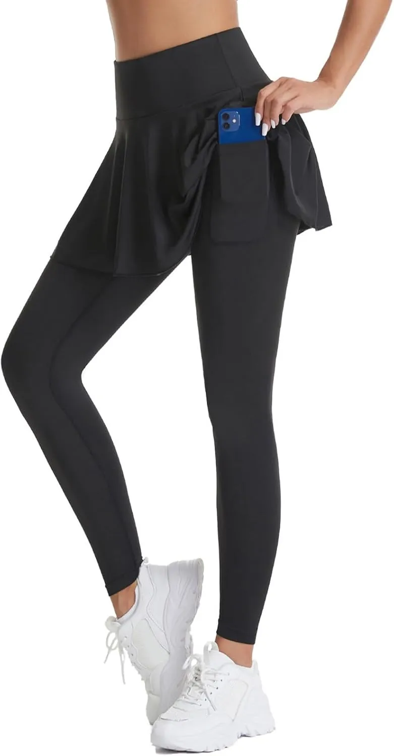 Skirted Pleated Leggings for Women Tennis Tummy Control Leggings with Mini Skirts Athletic Workout Golf Skort