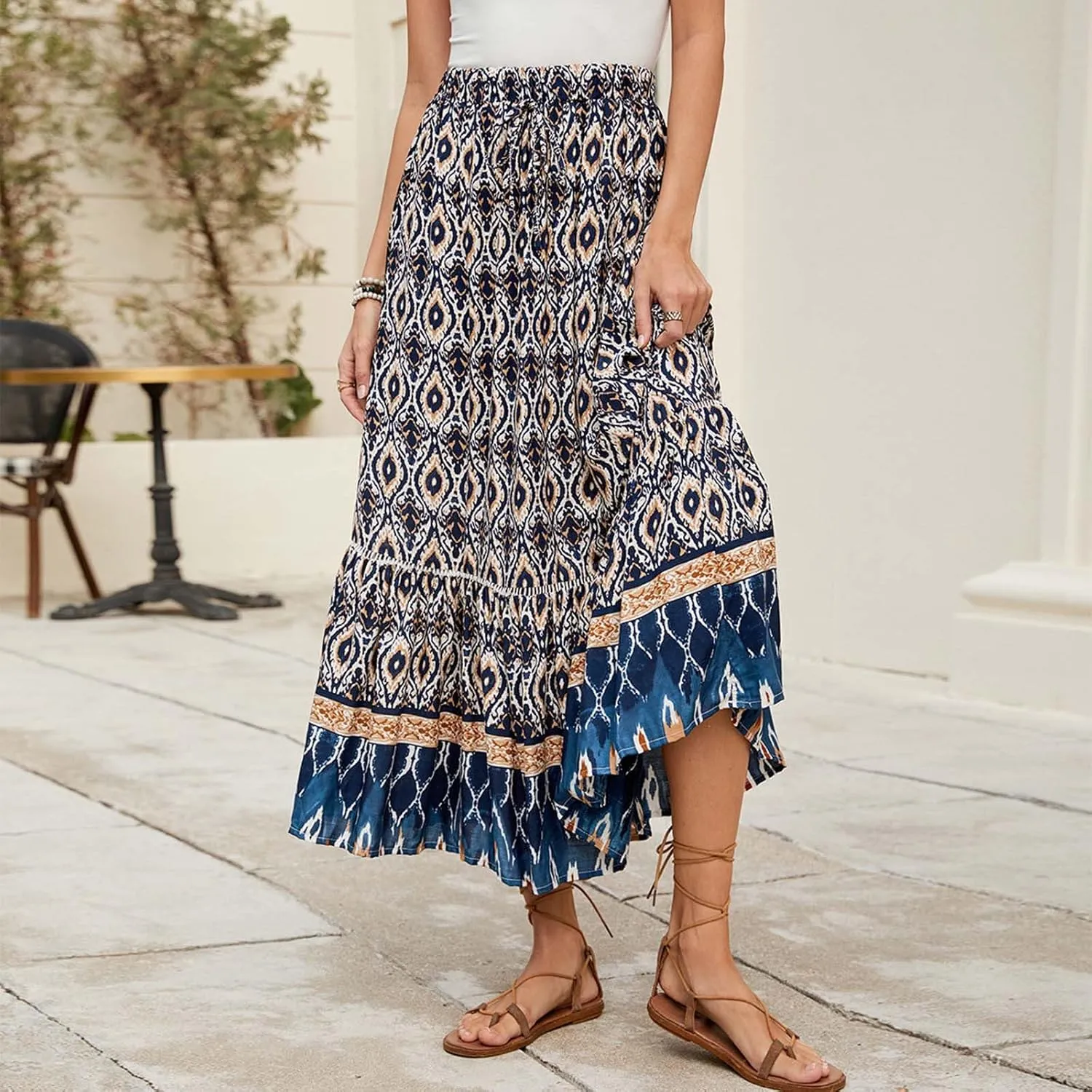 Skirts for Women Boho High Waisted Flowy Drawstring Ruched Casual Skirt Elastic Waist Elegant Patchwork Beach Skorts