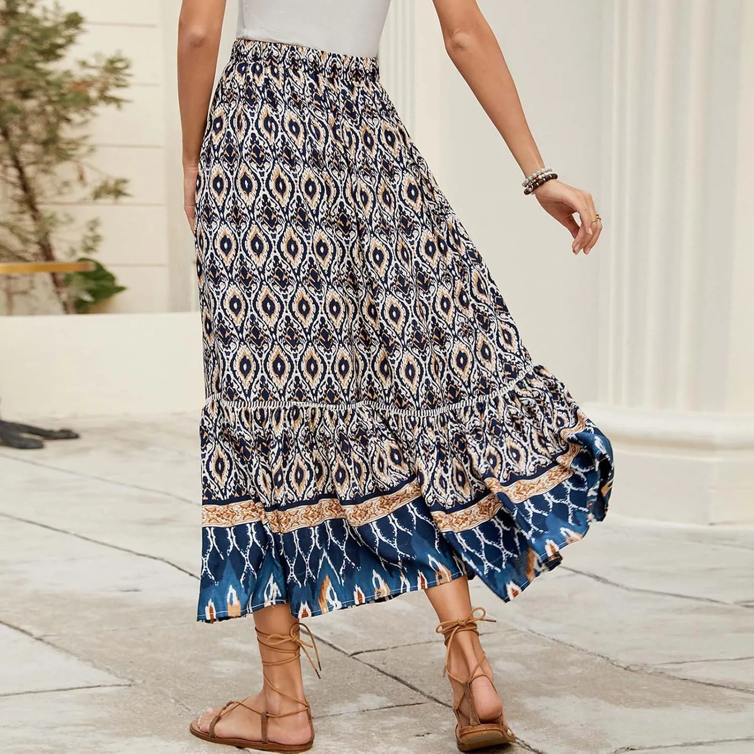 Skirts for Women Boho High Waisted Flowy Drawstring Ruched Casual Skirt Elastic Waist Elegant Patchwork Beach Skorts