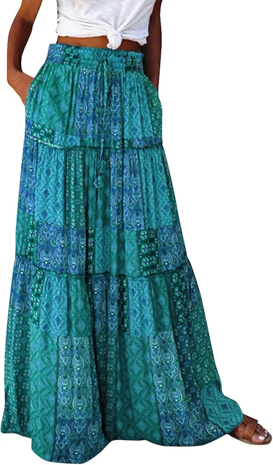 Skirts for Women Summer Flowy Tiered Elastic High Waisted Skirt Vacation Swing Long Floral Maxi Skirts