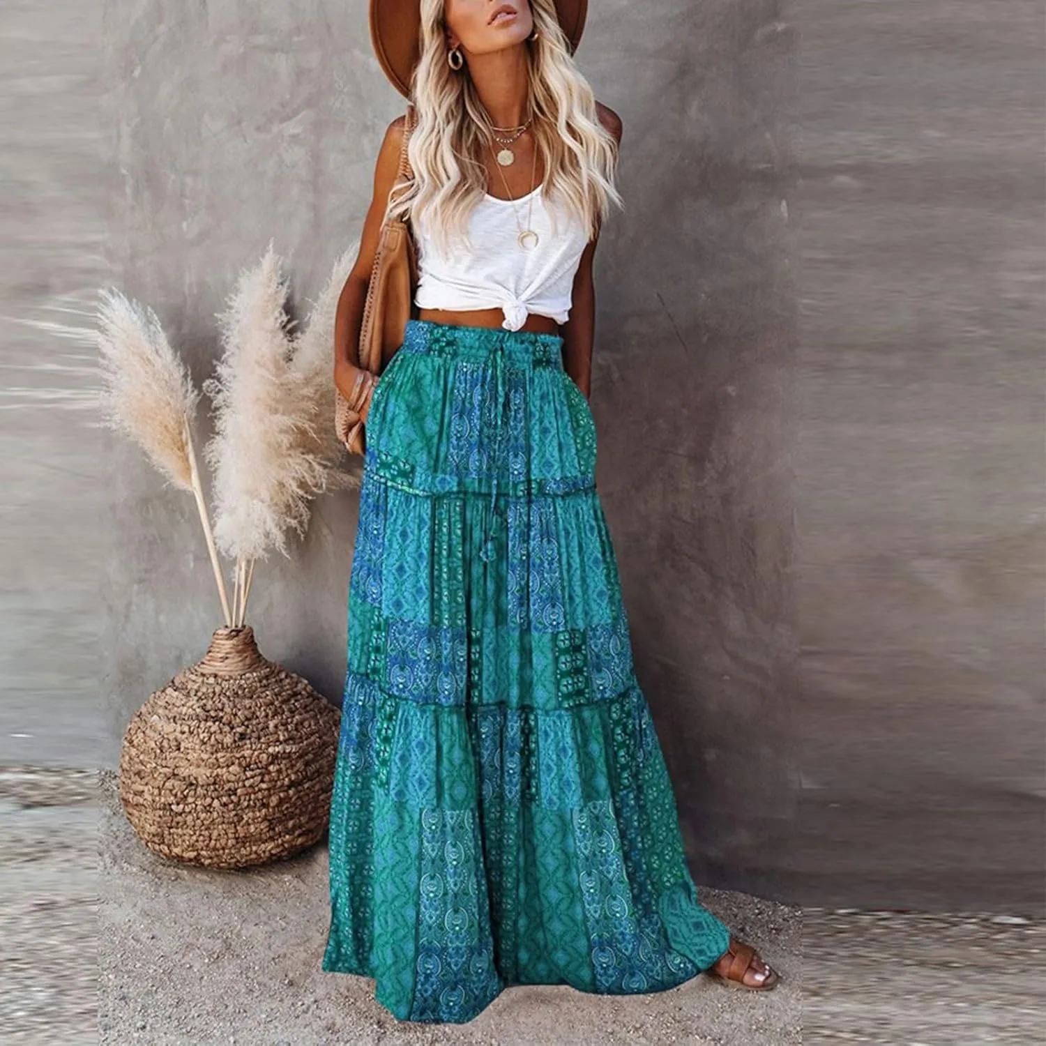 Skirts for Women Summer Flowy Tiered Elastic High Waisted Skirt Vacation Swing Long Floral Maxi Skirts