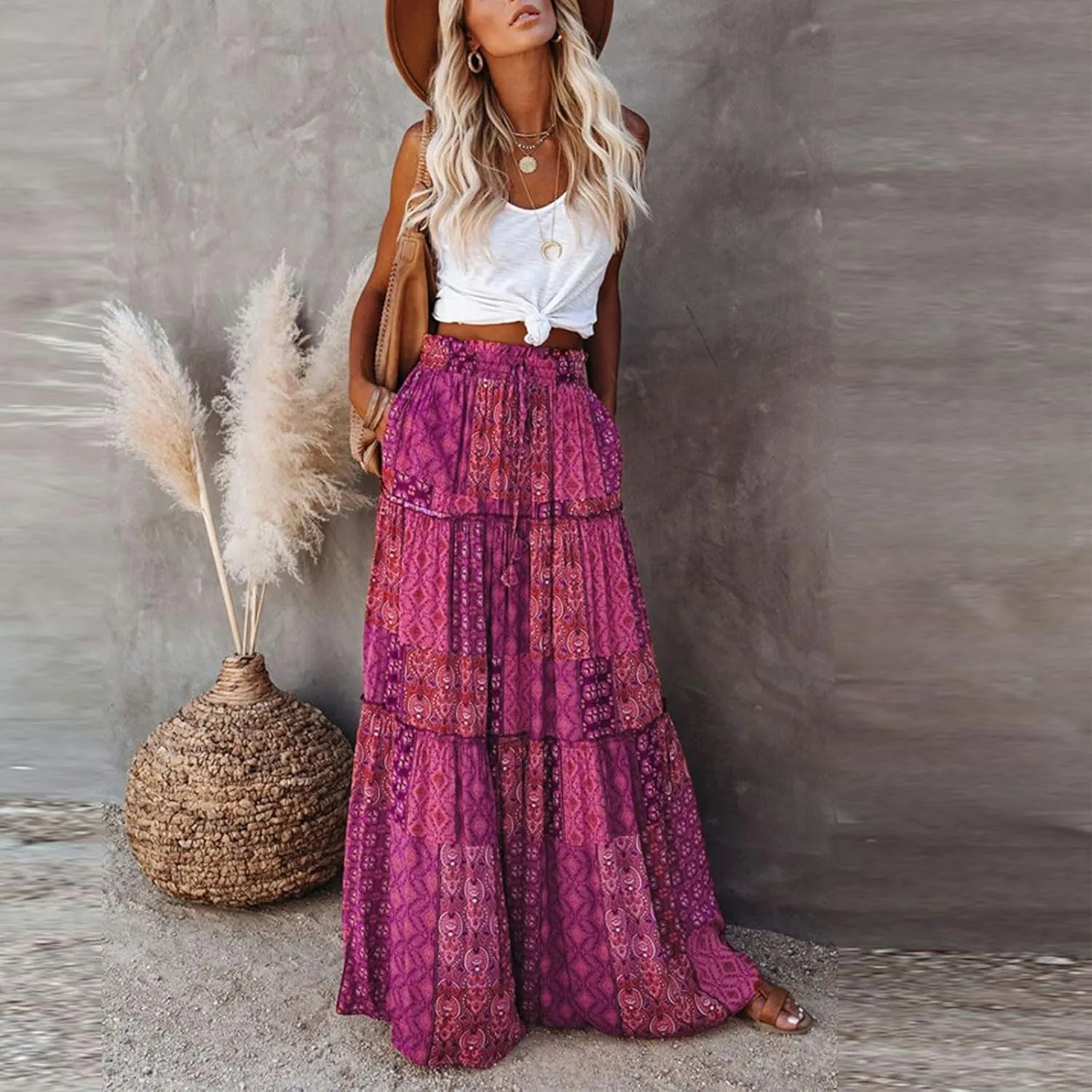 Skirts for Women Summer Flowy Tiered Elastic High Waisted Skirt Vacation Swing Long Floral Maxi Skirts