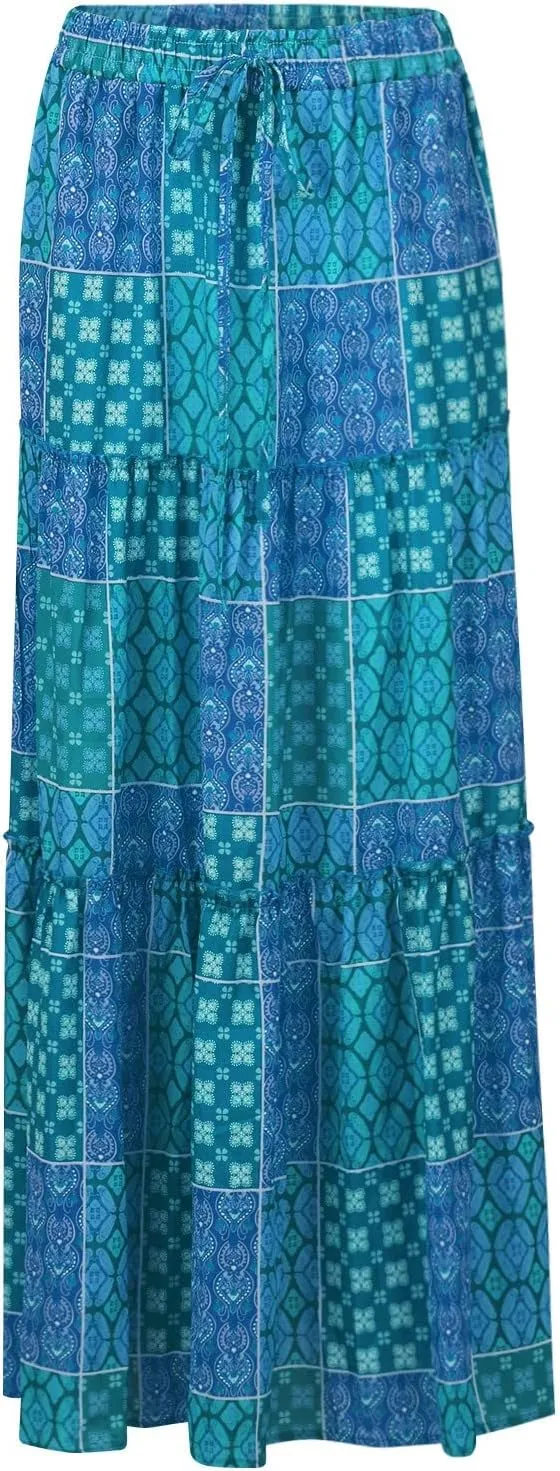 Skirts for Women Summer Flowy Tiered Elastic High Waisted Skirt Vacation Swing Long Floral Maxi Skirts
