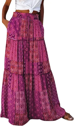 Skirts for Women Summer Flowy Tiered Elastic High Waisted Skirt Vacation Swing Long Floral Maxi Skirts