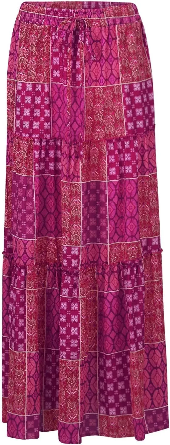 Skirts for Women Summer Flowy Tiered Elastic High Waisted Skirt Vacation Swing Long Floral Maxi Skirts