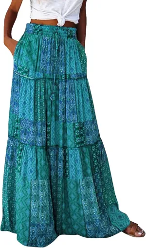 Skirts for Women Summer Flowy Tiered Elastic High Waisted Skirt Vacation Swing Long Floral Maxi Skirts