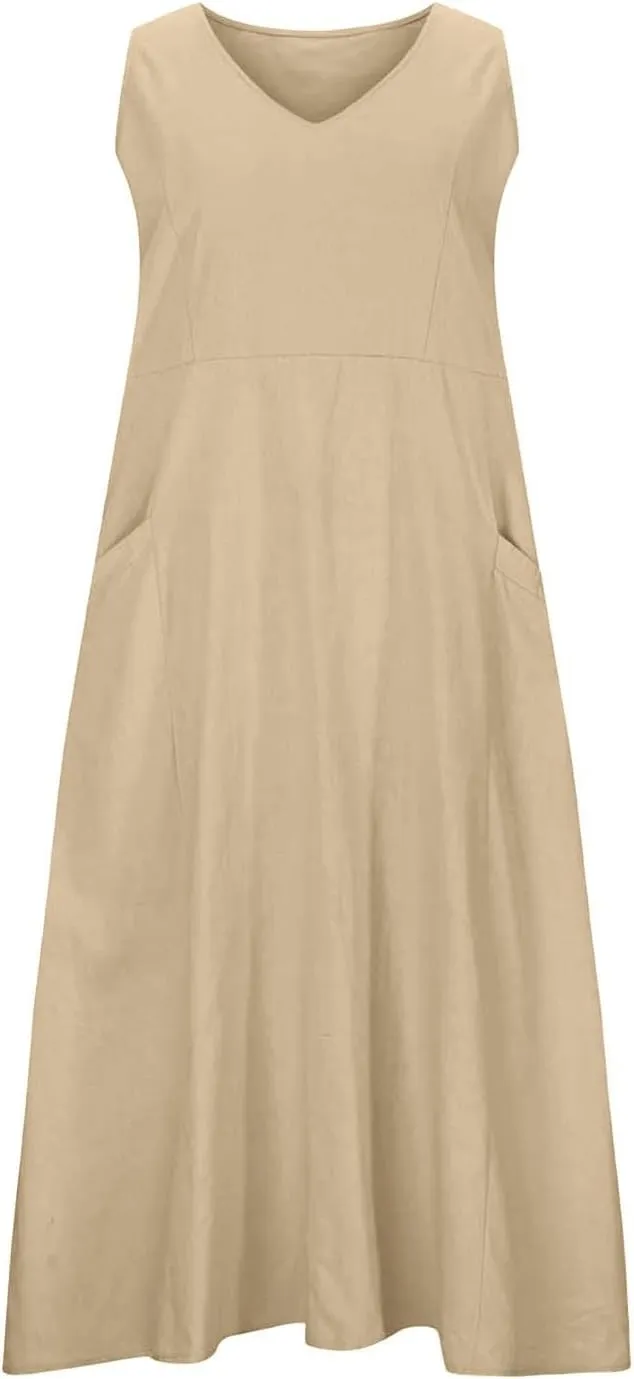 Sleeveless Maxi Long Beach Shirt Dress Women's Summer Casual Sleeveless Long Maxi Beach Dress Cotton Casual Dress