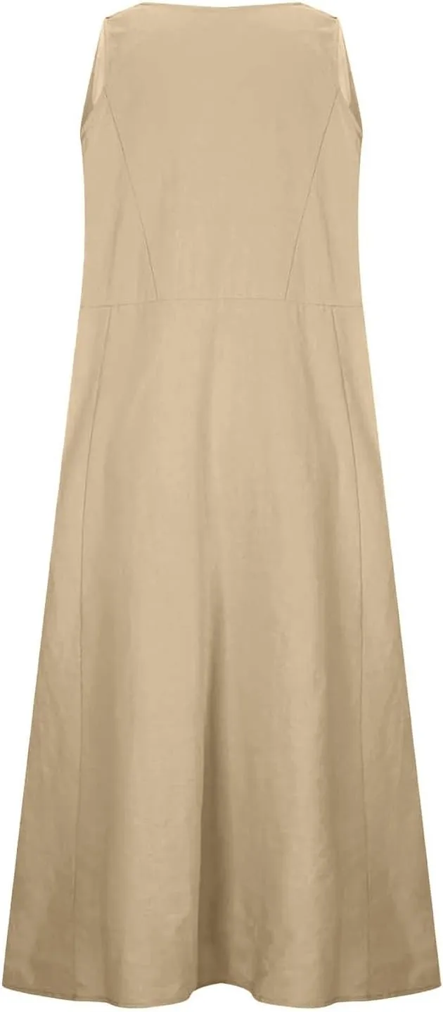 Sleeveless Maxi Long Beach Shirt Dress Women's Summer Casual Sleeveless Long Maxi Beach Dress Cotton Casual Dress