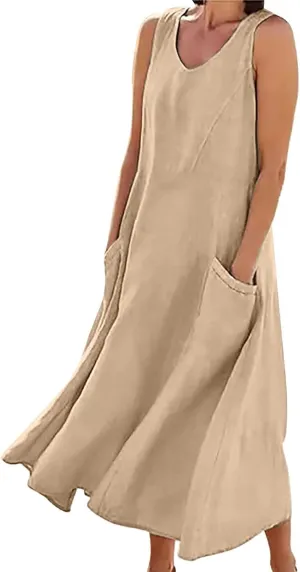 Sleeveless Maxi Long Beach Shirt Dress Women's Summer Casual Sleeveless Long Maxi Beach Dress Cotton Casual Dress