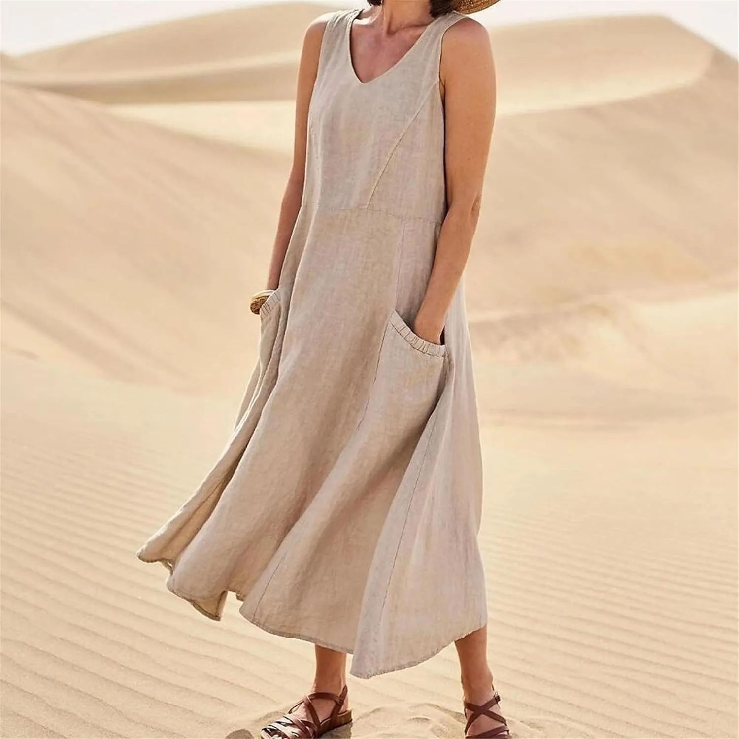 Sleeveless Maxi Long Beach Shirt Dress Women's Summer Casual Sleeveless Long Maxi Beach Dress Cotton Casual Dress
