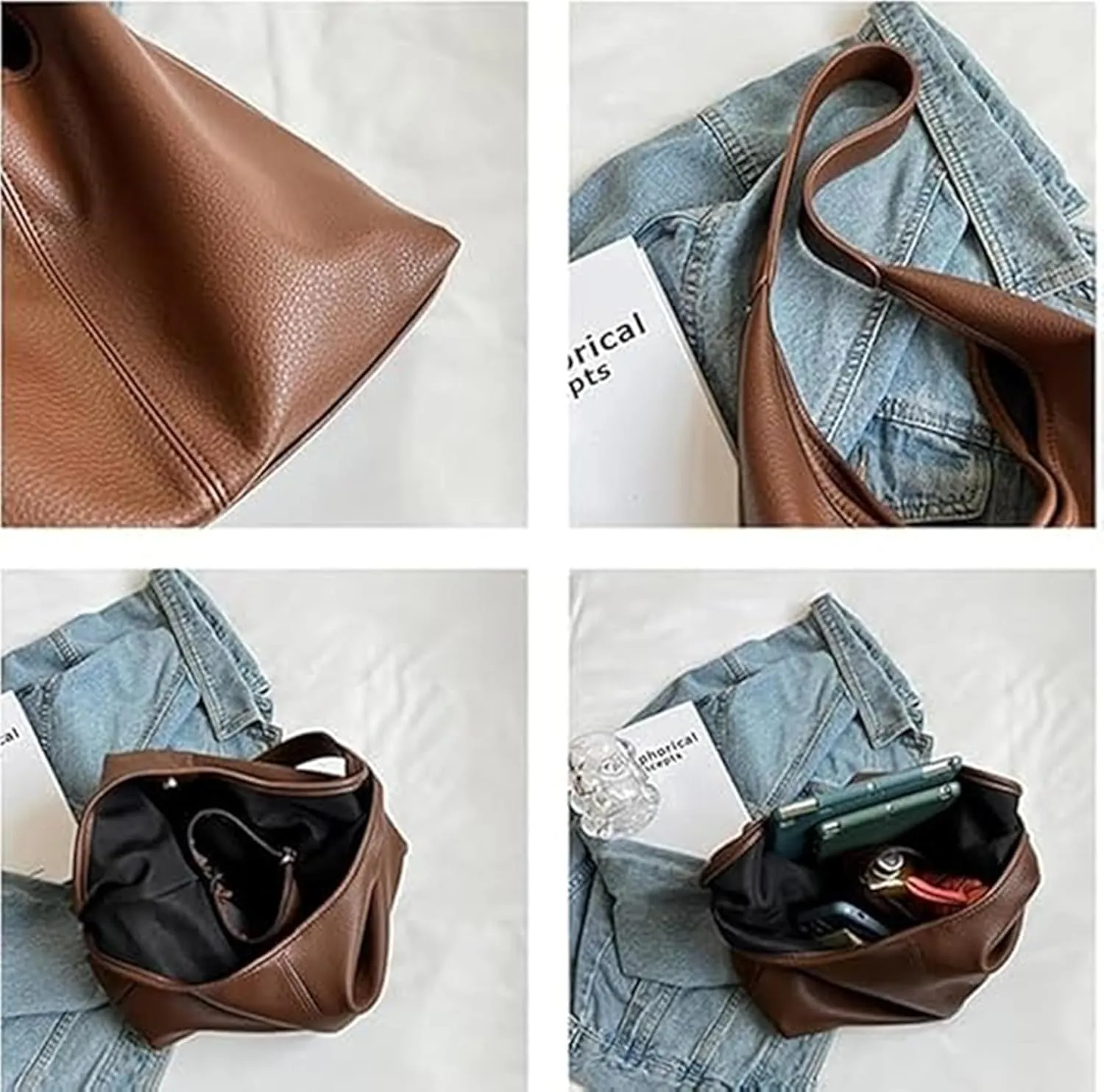 Slouchy Hobo Bags for Women Tote Bag,Retro PU Leather Crossbody Bag,Soft Shoulder Purses Handbag Large Capacity 2pcs