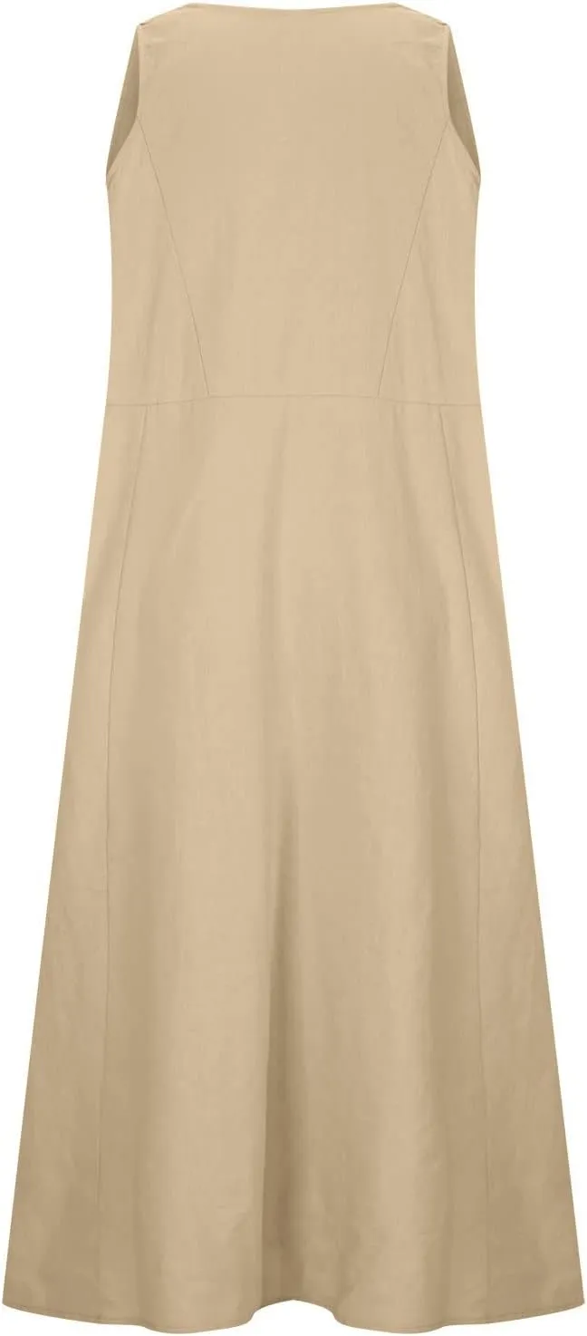 SMIDOW Cotton Dresses for Women Casual Summer 2024 Solid Beach Flowy Tshirt Sundress Sleeveless Tank Long Dress with Pockets