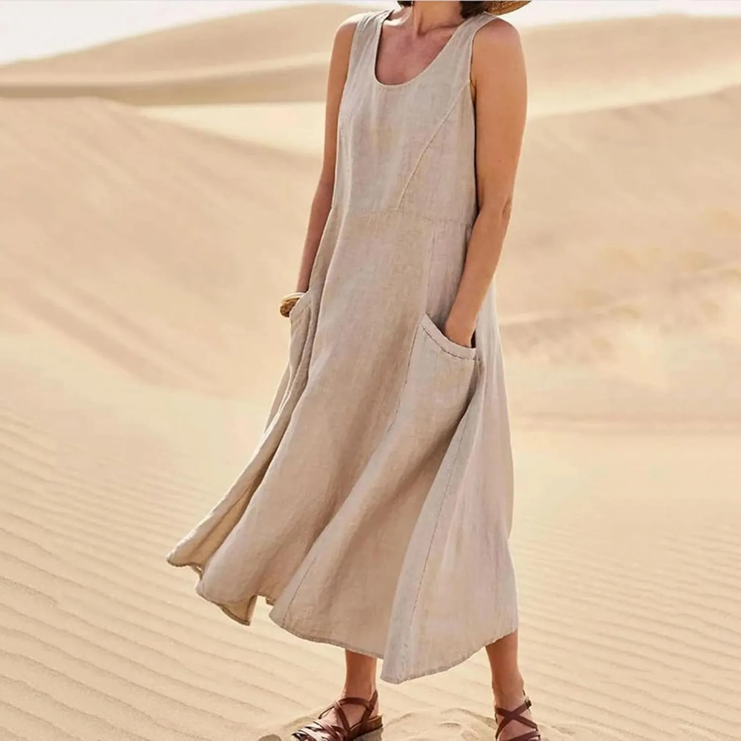 SMIDOW Cotton Dresses for Women Casual Summer 2024 Solid Beach Flowy Tshirt Sundress Sleeveless Tank Long Dress with Pockets