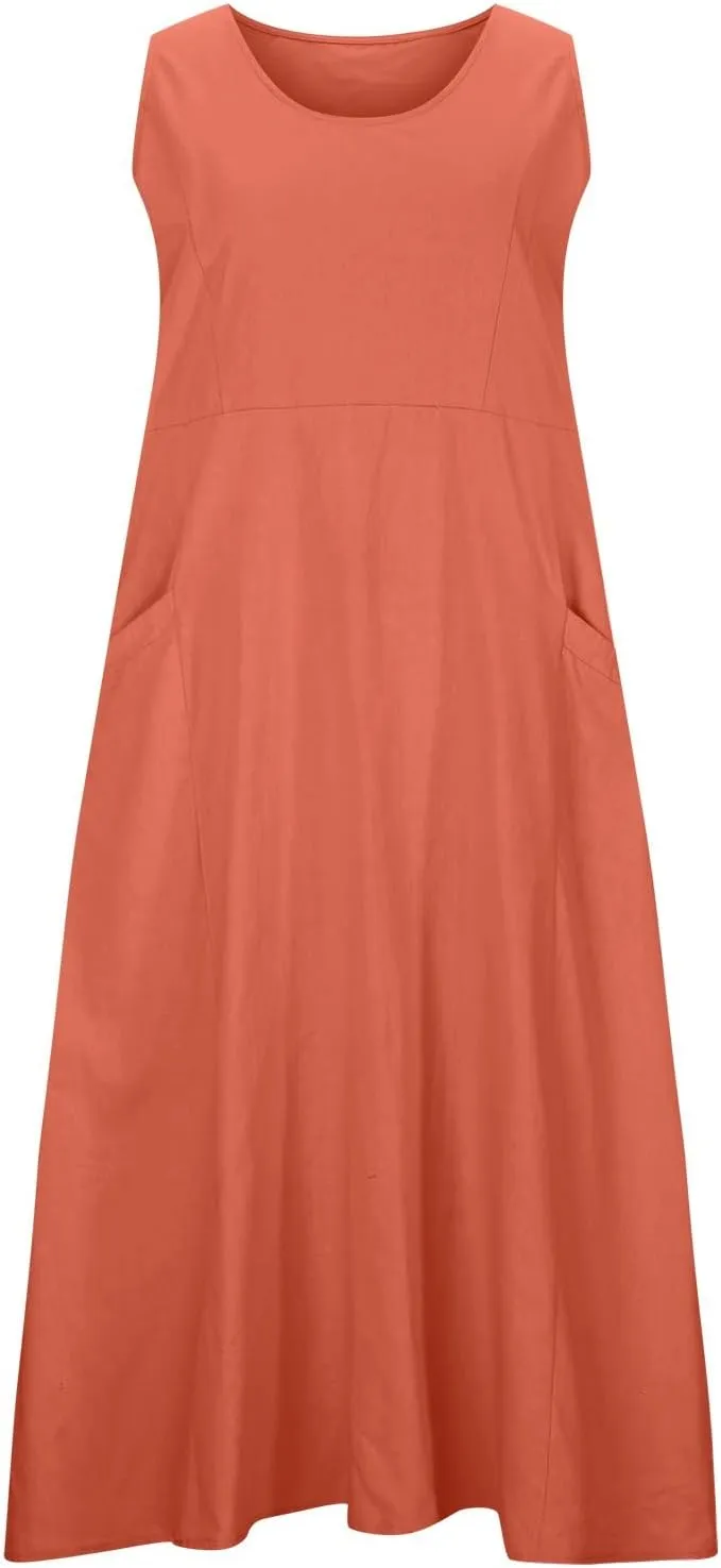 SMIDOW Cotton Dresses for Women Casual Summer 2024 Solid Beach Flowy Tshirt Sundress Sleeveless Tank Long Dress with Pockets