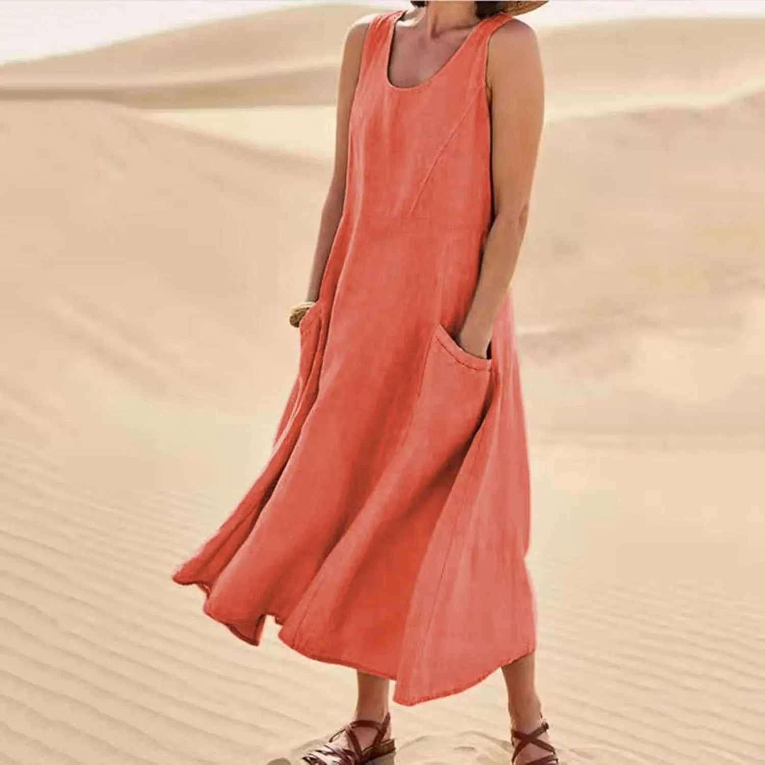 SMIDOW Cotton Dresses for Women Casual Summer 2024 Solid Beach Flowy Tshirt Sundress Sleeveless Tank Long Dress with Pockets