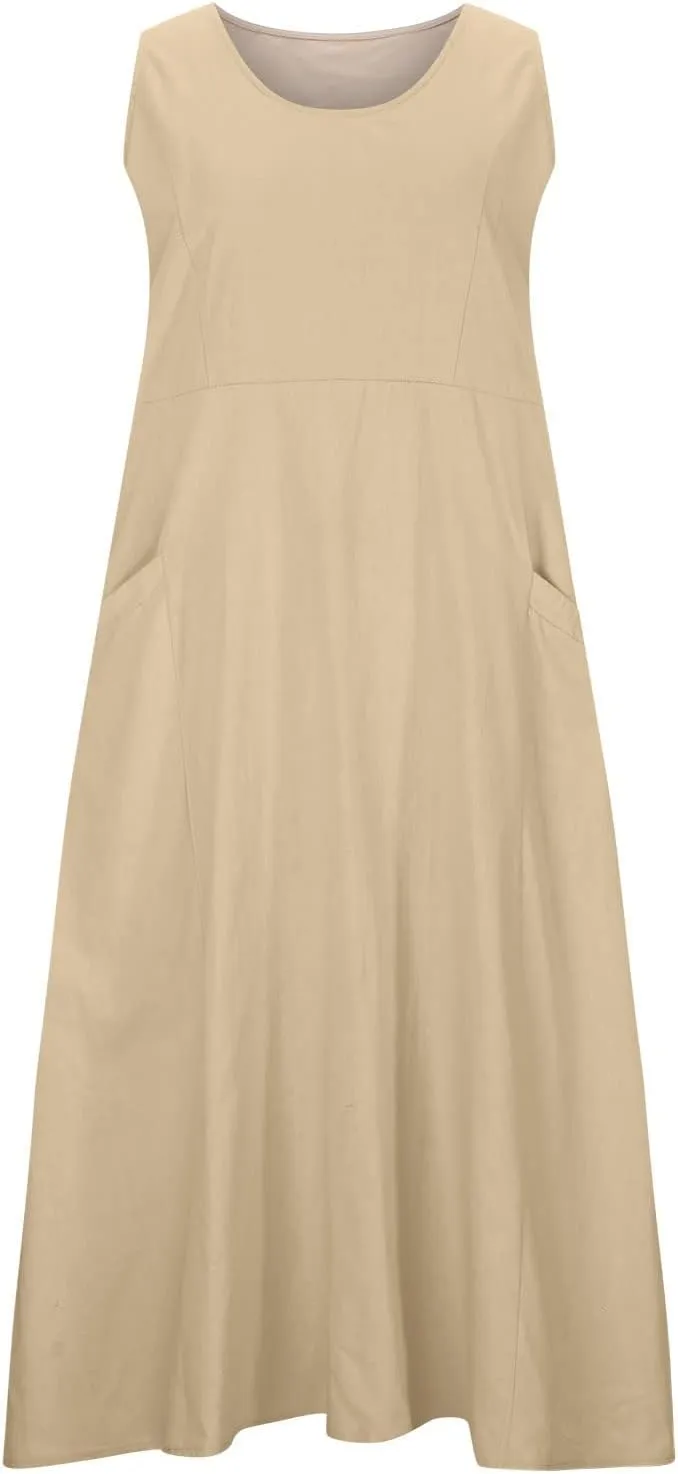 SMIDOW Cotton Dresses for Women Casual Summer 2024 Solid Beach Flowy Tshirt Sundress Sleeveless Tank Long Dress with Pockets