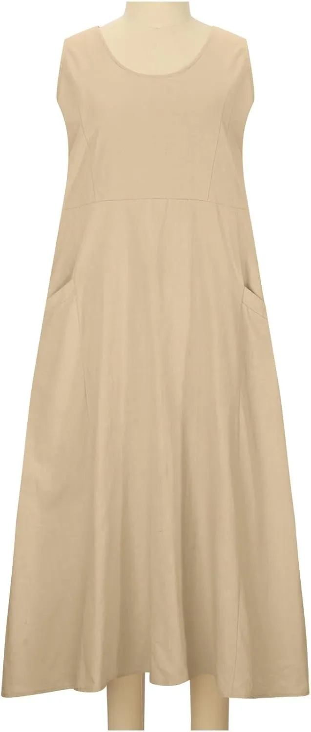SMIDOW Cotton Dresses for Women Casual Summer 2024 Solid Beach Flowy Tshirt Sundress Sleeveless Tank Long Dress with Pockets