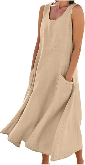 SMIDOW Cotton Dresses for Women Casual Summer 2024 Solid Beach Flowy Tshirt Sundress Sleeveless Tank Long Dress with Pockets