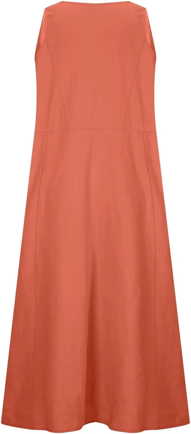 SMIDOW Cotton Dresses for Women Casual Summer 2024 Solid Beach Flowy Tshirt Sundress Sleeveless Tank Long Dress with Pockets