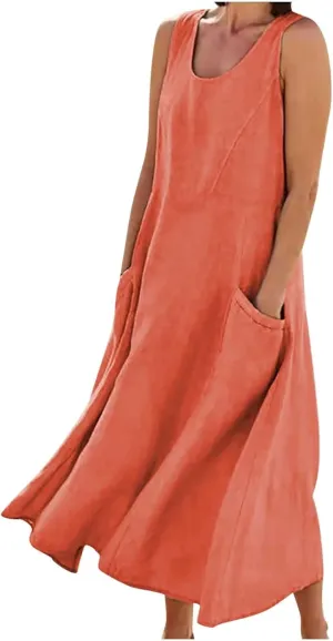 SMIDOW Cotton Dresses for Women Casual Summer 2024 Solid Beach Flowy Tshirt Sundress Sleeveless Tank Long Dress with Pockets