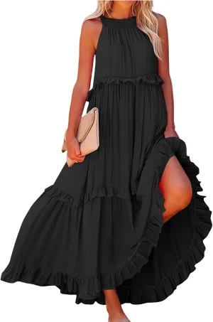 Smocked Halter Maxi Dress for Women Elegant Loose Flowy Tiered Ruffle Dress Summer Swing Tie Back Beach Dresses