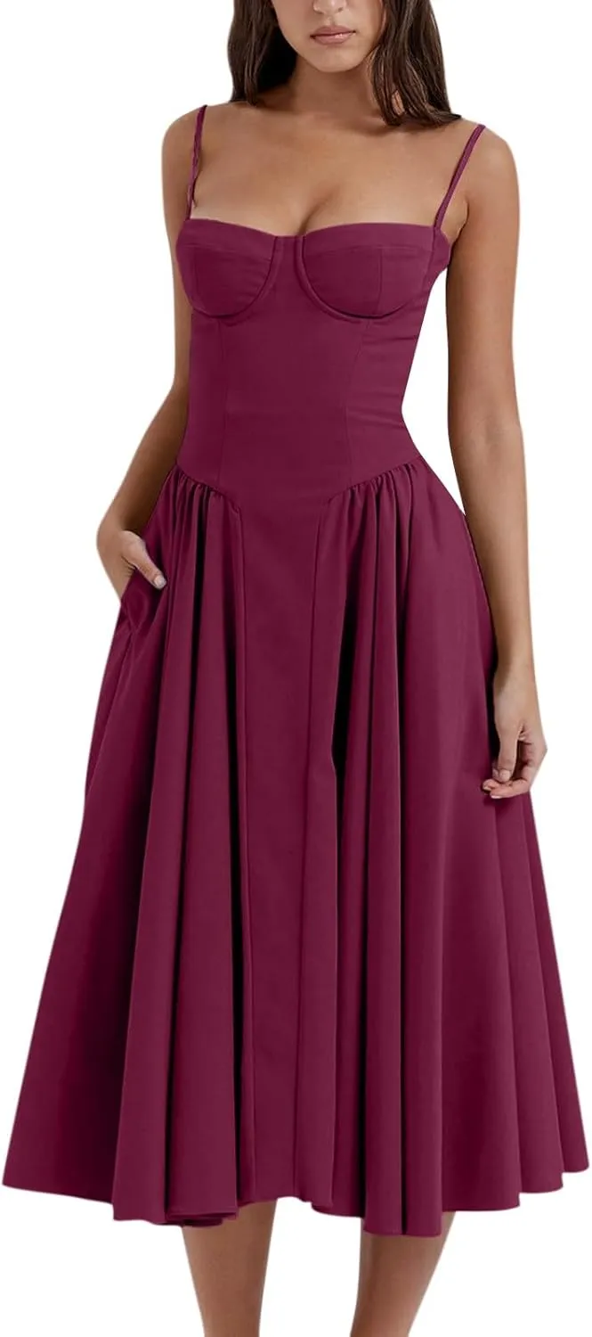 Spaghetti Strap Corset Dress for Women Formal Sexy Low Cut Midi Dress Boho Pleated Hem Cocktail Dresses with Pockets