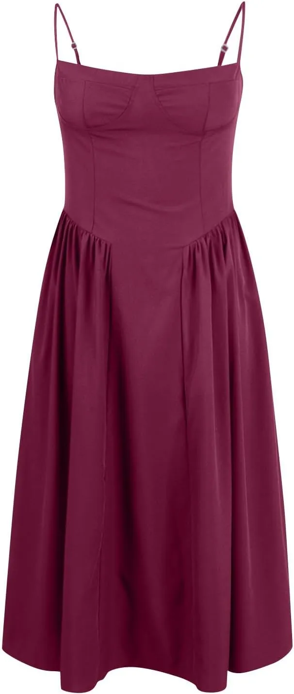 Spaghetti Strap Corset Dress for Women Formal Sexy Low Cut Midi Dress Boho Pleated Hem Cocktail Dresses with Pockets