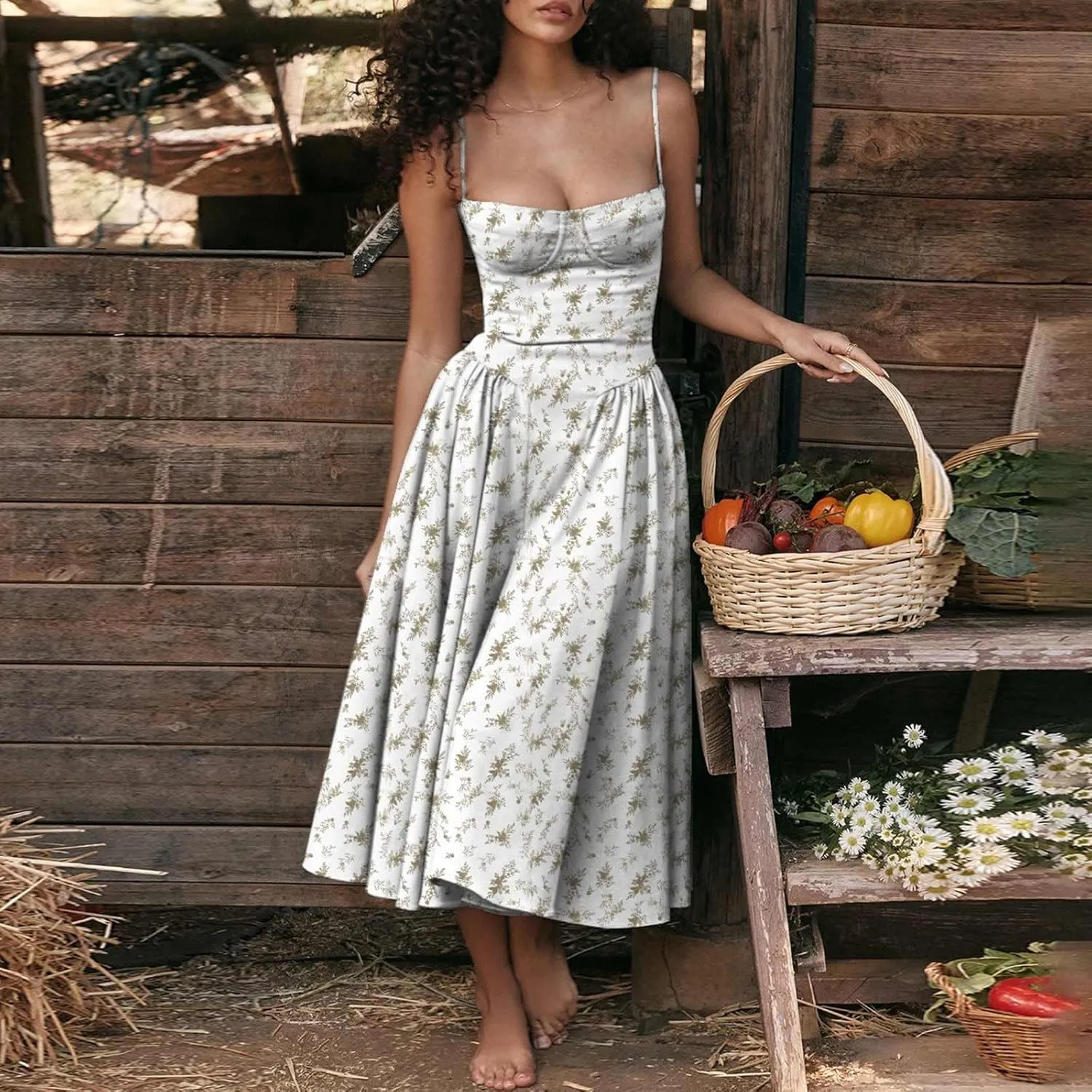Spaghetti Strap Corset Dress for Women Formal Sexy Low Cut Midi Dress Boho Pleated Hem Cocktail Dresses with Pockets