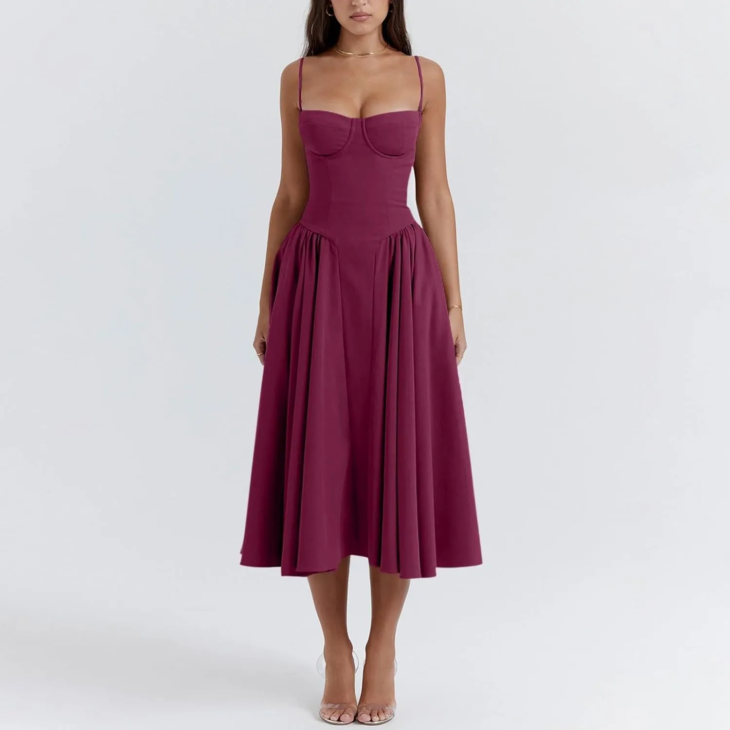 Spaghetti Strap Corset Dress for Women Formal Sexy Low Cut Midi Dress Boho Pleated Hem Cocktail Dresses with Pockets