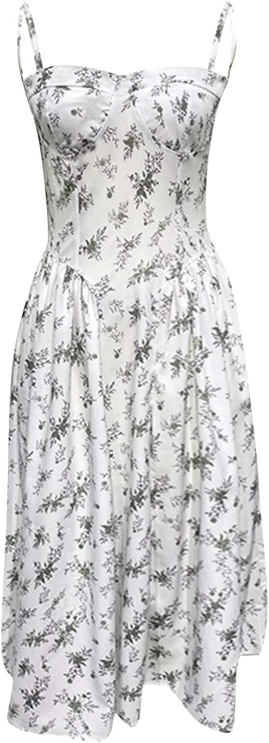 Spaghetti Strap Corset Dress for Women Formal Sexy Low Cut Midi Dress Boho Pleated Hem Cocktail Dresses with Pockets