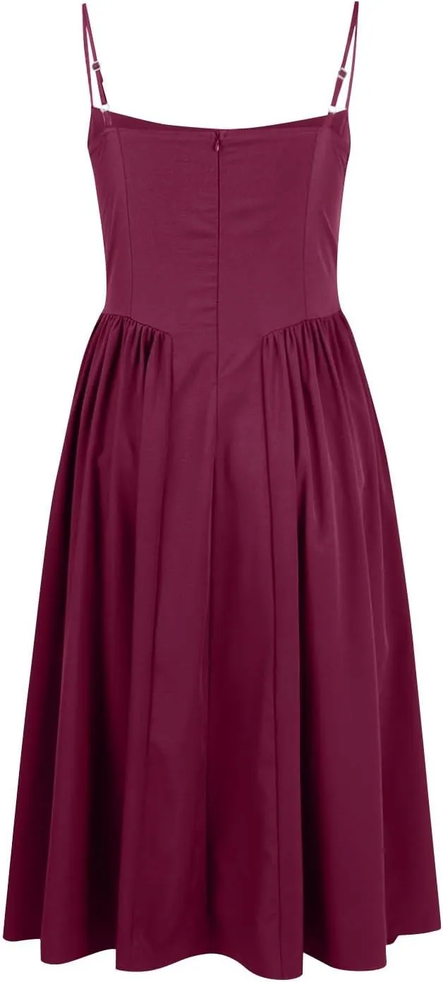 Spaghetti Strap Corset Dress for Women Formal Sexy Low Cut Midi Dress Boho Pleated Hem Cocktail Dresses with Pockets