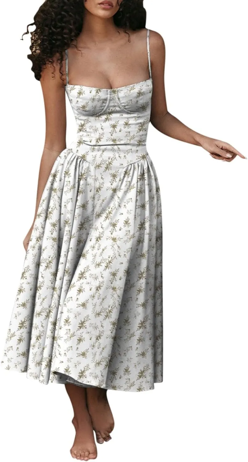 Spaghetti Strap Corset Dress for Women Formal Sexy Low Cut Midi Dress Boho Pleated Hem Cocktail Dresses with Pockets