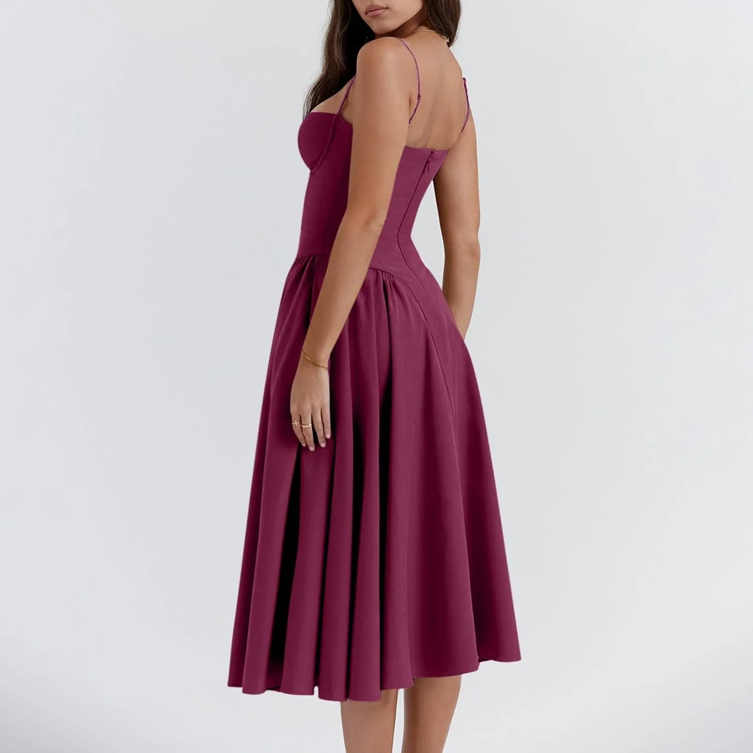 Spaghetti Strap Corset Dress for Women Formal Sexy Low Cut Midi Dress Boho Pleated Hem Cocktail Dresses with Pockets